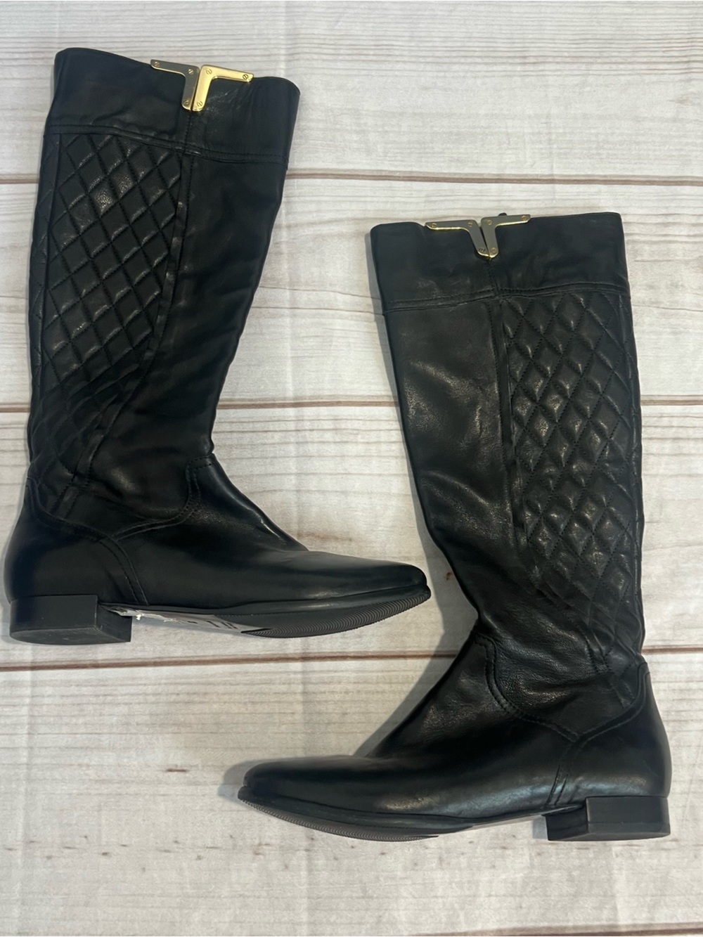 Napoleoni Black Quilted Leather Boots with Gold Accent